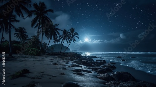 Breathtaking view of beautiful beach coast with palm trees at night. Moon light glowing. Silhouette of tropical island. Summer nature outdoor background. AI generative image.