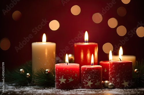 Burning candle and Christmas decoration over snow and wooden background. Generative Ai.