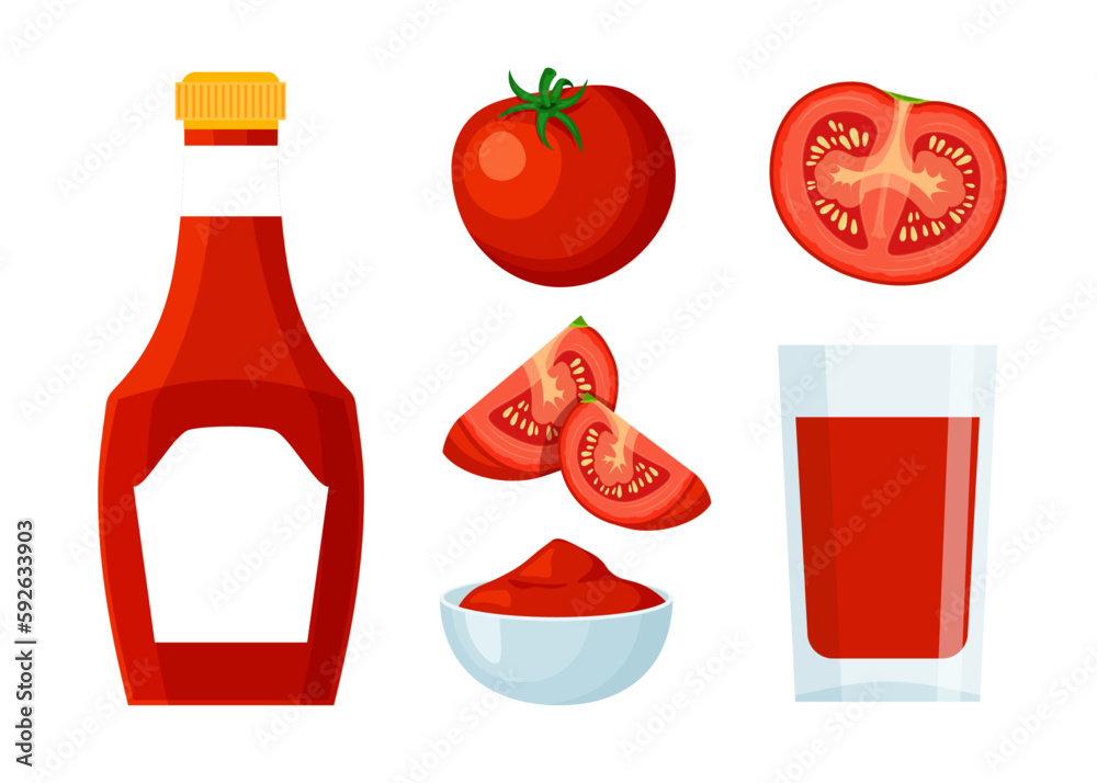 Ketchup bottle, tomato sauce in a bowl. Icon set. Design element for your poster, restaurant, menu, brochure, flyer. Vector illustration in trendy flat style isolated on white background.