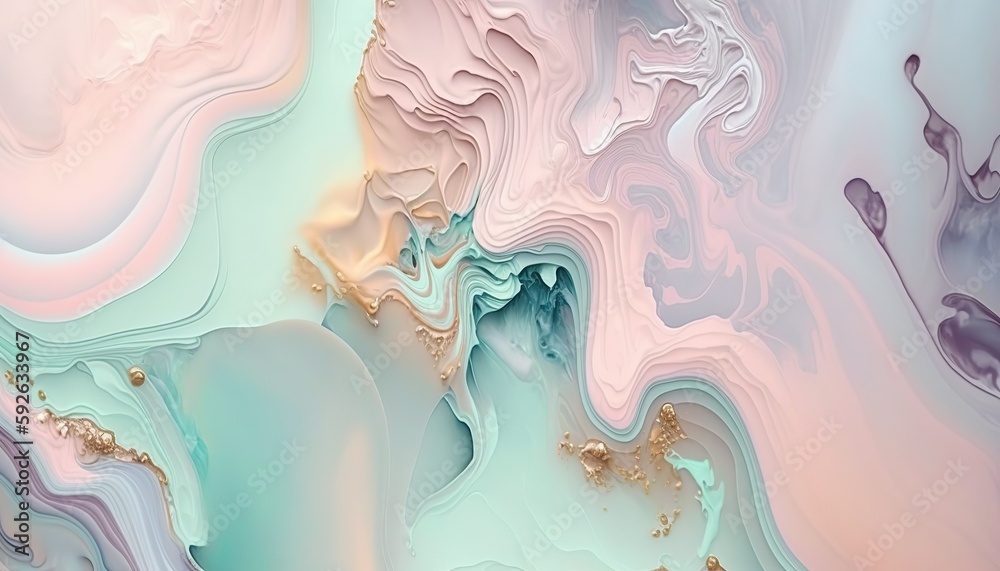 Fototapeta premium Beautiful abstract soft colored wavy background with pastel pink, gold and pale green colors. Paint swirls like a marble texture. Modern art background. AI generative image.