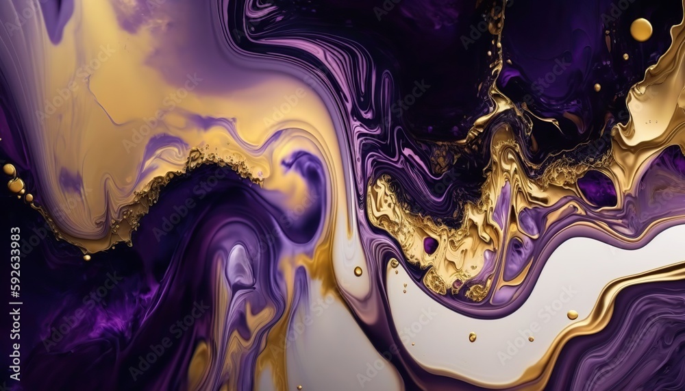 Abstract gold and purple paint smear waves, marble texture effect, modern art background. AI generative image.