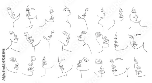 Set of portraits. Simple, minimalist vector illustration of beautiful woman face. Line drawing.