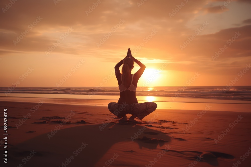 silhouette of a woman in sunrise doing yoga - ai-generated