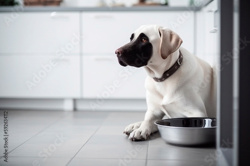 Labrador retriever eating from his bowl in kitchen