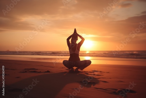silhouette of a woman in sunrise doing yoga - ai-generated © Nicola