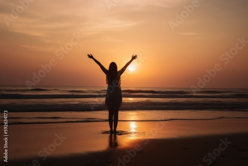 silhouette of a woman on the beach praising life - ai-generated