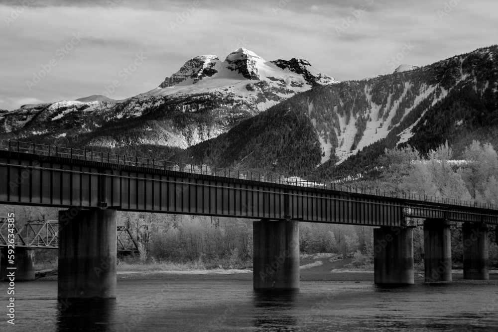 Grayscale shot of an old railway bridge in the mountains at Revelstoke, BC