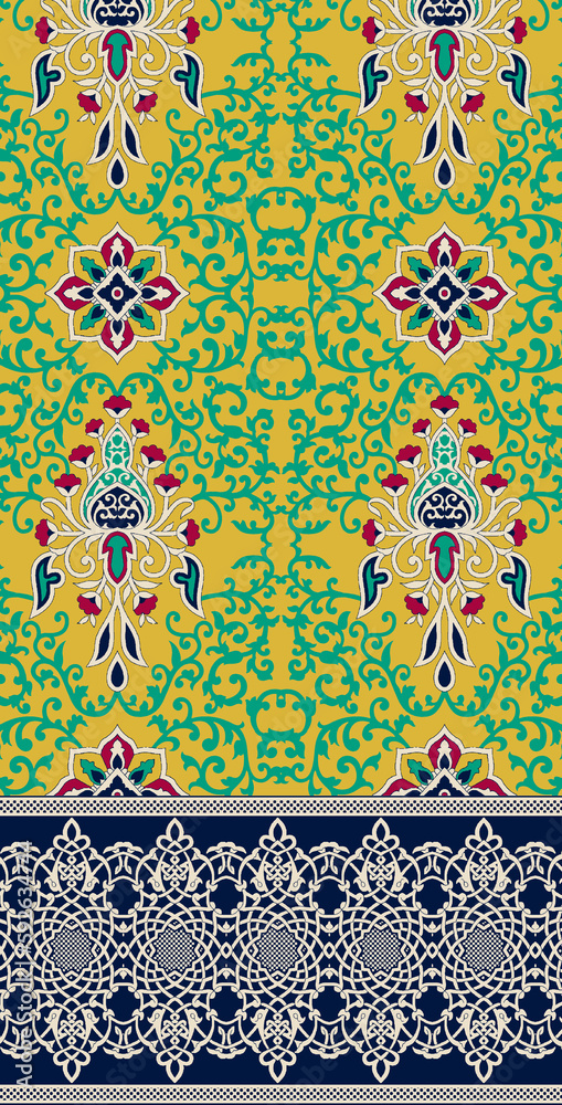 digital textile design ornament and pattern. Seamless floral vector motif border design.  Textile digital design carpet motif luxury pattern decor border ikat ethnic hand made artwork suitable frame.