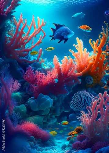  An image of an underwater world, with colorful coral reefs and exotic sea creatures.