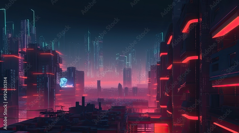 Futuristic cityscape with a neon color scheme and cyberpunk vibes created with generative AI technology