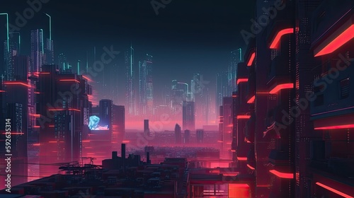 Futuristic cityscape with a neon color scheme and cyberpunk vibes created with generative AI technology