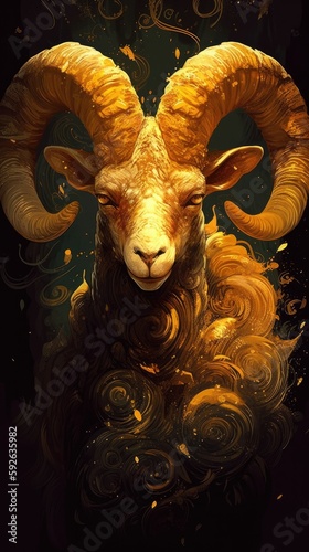 Enigmatic Golden Ram in Shadowy Pasture (AI Generated)