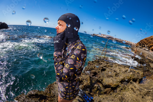 Female free diver going snorkelling in the Canary Islands