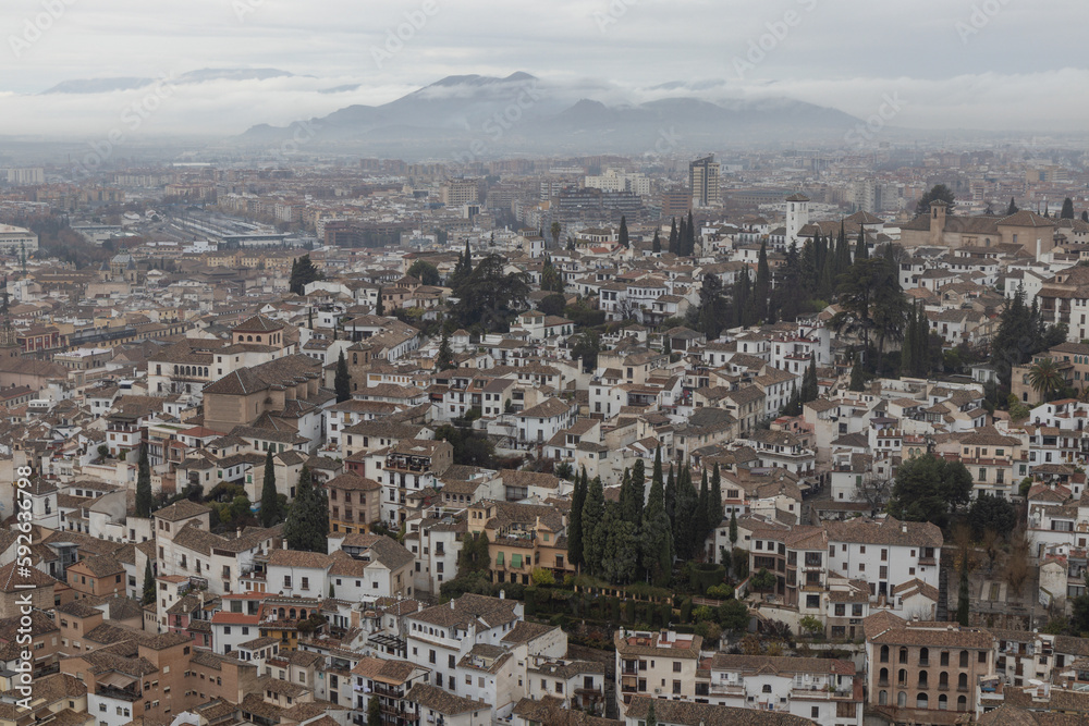 Aerial view of the Albaicin (Albayzin) -- medieval Moorish district of Granada,  Andalusia, Spain.