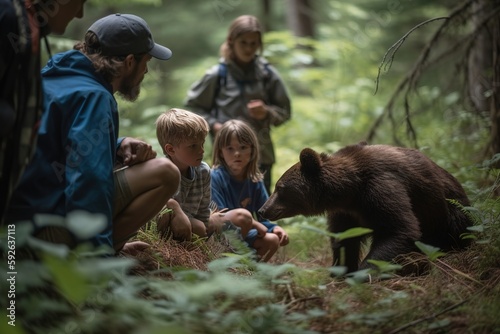 A captivating, wildlife encounter during a family camping trip, featuring parents and children observing a bear from a safe distance. Sense of wonder and appreciation for nature. Generative AI. photo