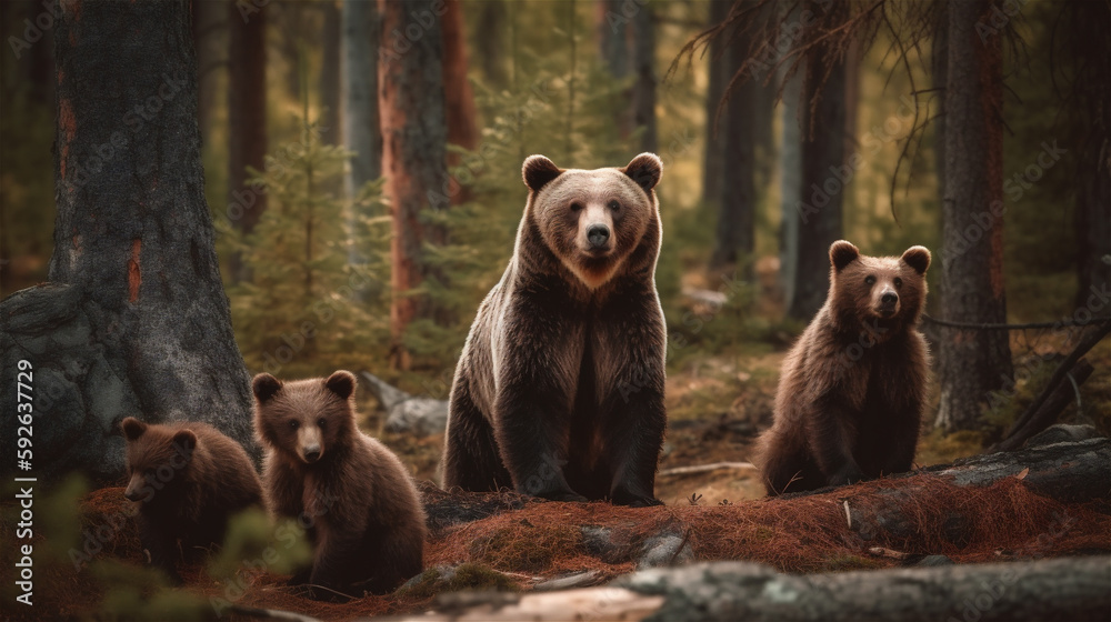 Brown bear with bear cubs wandering in the forest woods, generative AI Brown bear with bear cubs wandering in the forest woods, generative AI