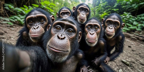 A Group Of Chimpanzee Taking Selfie Hyper Realistic Realism Style Generative Ai Digital Illustration Part#140423