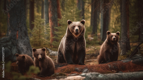 Brown bear with bear cubs wandering in the forest woods, generative AI