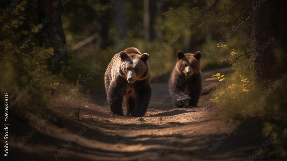 Brown bear with bear cub wandering in the forest woods, generative AI