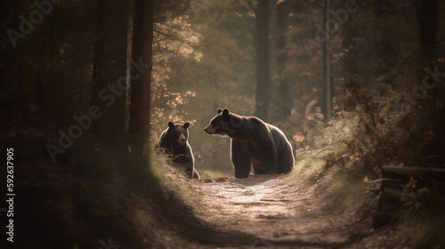 Brown bear with bear cub wandering in the forest woods, generative AI © Studio Stoltenberg