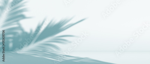 blurred shadow of palm leaves on a blue wall. Abstract minimal background for a product presentation. Summer and spring seasons, texture for a display