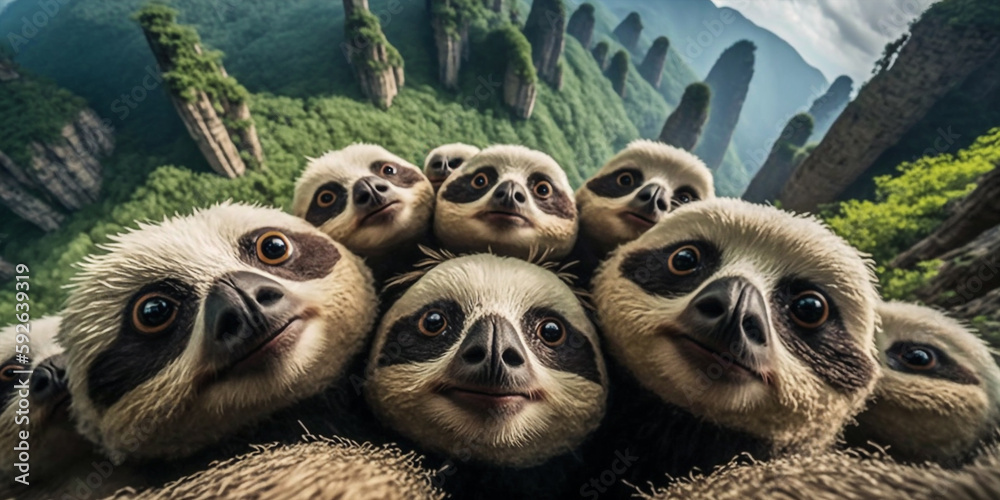 A Group Of Sloth Taking Selfie Hyper Realistic Realism Style Generative Ai Digital Illustration Part#140423