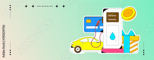 Vector internet operation hand-drawn illustration of people getting discounts for refueling the car
