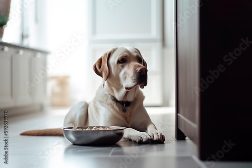 Labrador retriever eating from his bowl in kitchen
