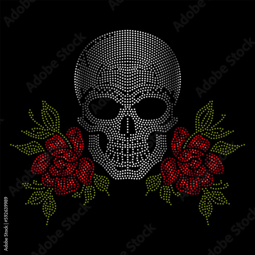 skull with red roses appliqué with rhinestones hot fixation