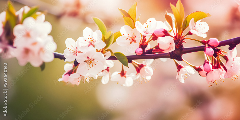 Branch with white and pink blossom, soft focus background for presentation, spring atmosphere - generative AI