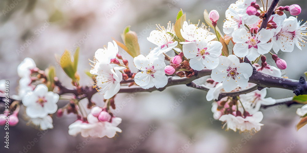 Branch with white and pink blossom, soft focus background for presentation, spring atmosphere - generative AI Branch with white and pink blossom, soft focus background for presentation, spring atmosphere - generative AI