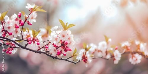 Branch with white and pink blossom, soft focus background for presentation, spring atmosphere - generative AI