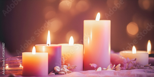 Candles on a soft focus background with copy space  burning lights  spa atmosphere  template for presentation - generative AI