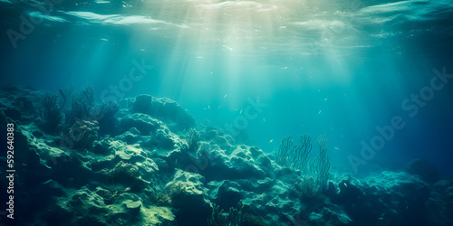 Underwater ocean with bright sunlight ray shining  tranquil atmosphere  background for presentation - generative AI
