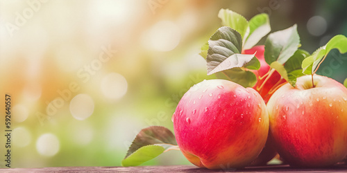 Fresh apples in the sun, presentation background, template with copy space, soft focus - generative AI