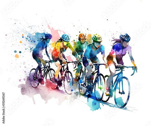 Watercolor design of five female cyclists - Generative AI