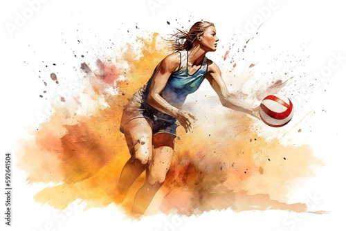 Watercolor design of a female beach volleyball player - Generative AI