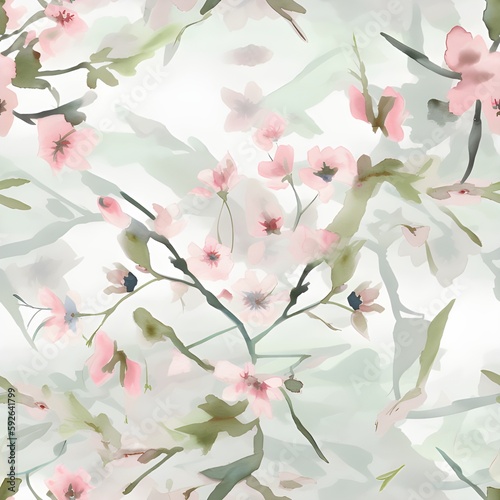 Embrace the elegance of this watercolor cherry blossoms seamless pattern, featuring delicate pink flowers and green leaves on flowing branches. Perfect for wedding invitations and textiles. © SnapSass