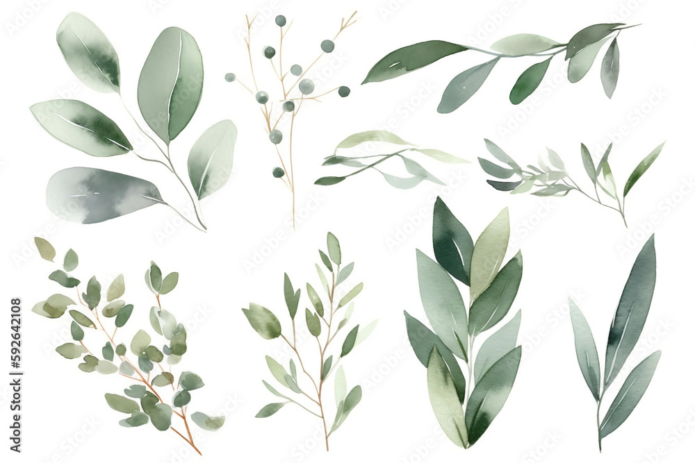 Watercolor floral bouquet branches with green blush leaves, for wedding ...