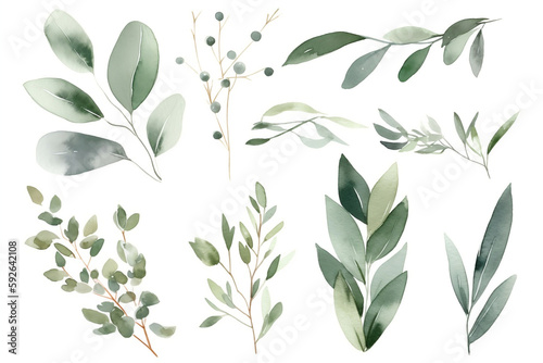 Fototapeta Watercolor floral bouquet branches with green blush leaves, for wedding invitations, greetings, wallpapers, fashion, prints