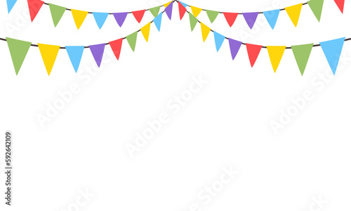 Celebrate hanging triangular garlands. Colorful perspective flags party isolated on white background. Birthday, Christmas, anniversary, and festival fair concept. Vector illustration.