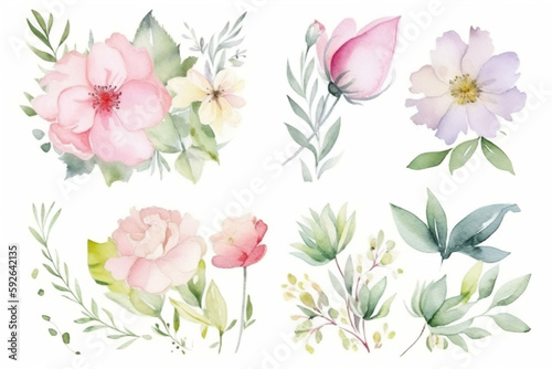 Watercolor floral bouquet with spring flowers with green blush leaves, for wedding invitations, greetings, wallpapers, fashion, prints. flowers. AI Generated