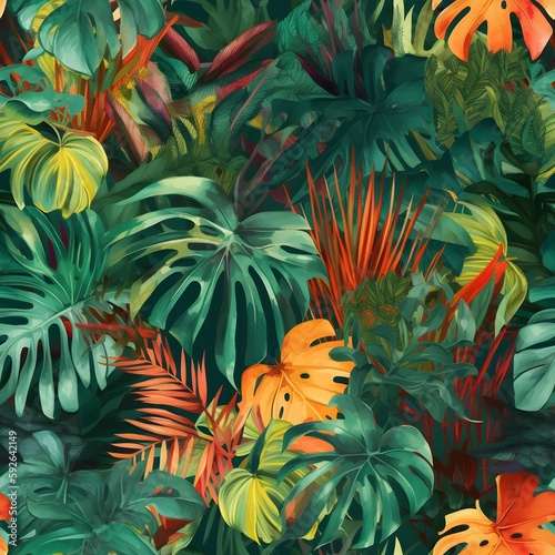 Captivating seamless pattern featuring watercolor tropical rainforest elements, perfect for injecting a sense of adventure and wonder into wallpapers, fabrics, and more