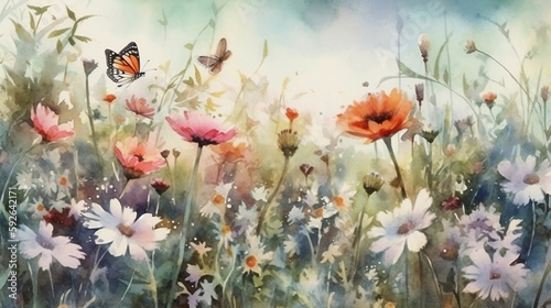 Watercolor painting of a spring meadow full of blooming flowers and butterflies. Spring aquarelle wallpaper. Generative AI.