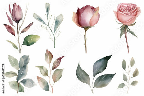 Fototapeta Watercolor floral bouquet rose with green blush leaves, for wedding invitations, greetings, wallpapers, fashion, prints