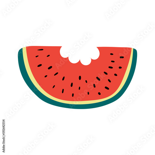 Watermelon bitten slice hand drawn illustration. Cartoon style flat design, isolated vector. Summer food, fruit, seasonal print, menu element, holidays, vacations, beach, pool party