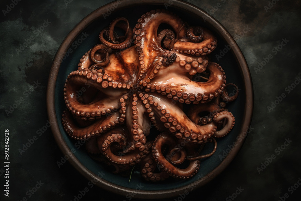 AI, Artificial intelligence, cooked, octopus in a clay pot with basil and lemons AI, Artificial intelligence, cooked, octopus in a clay pot with basil and lemons