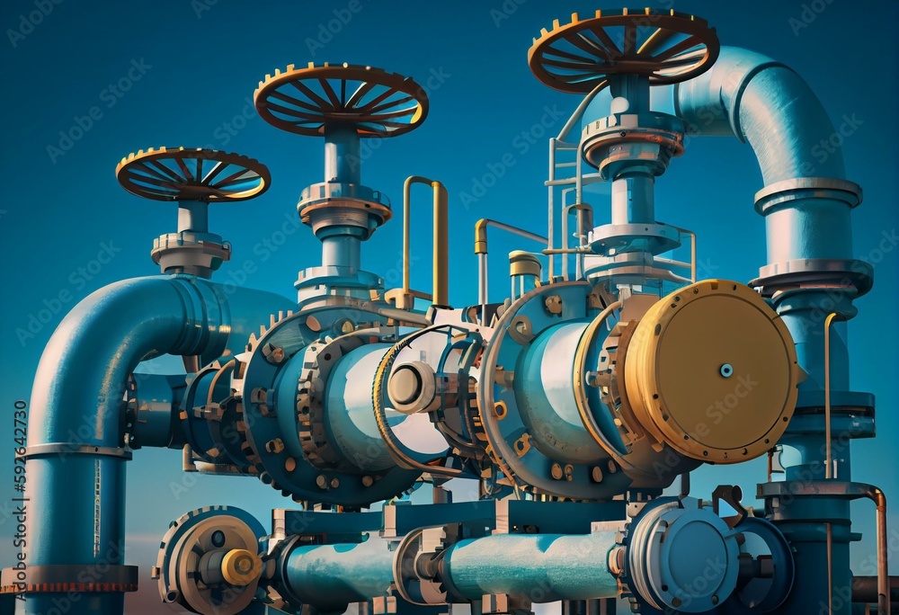 Industrial pipelines and valves on blue sky background, banner. 3d illustration. Generative AI