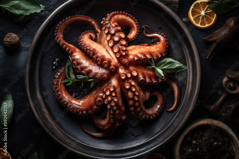 AI, Artificial intelligence, cooked, octopus in a clay pot with basil and lemons AI, Artificial intelligence, cooked, octopus in a clay pot with basil and lemons