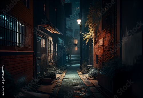 inspired image of a shadowy alleyway in the night, 3d illustration, Ai generated art. Generative AI